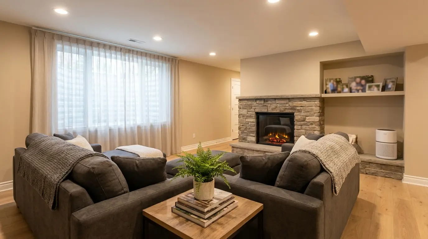A finished basement living space in a Calgary home — the kind of room a radon mitigation system protects