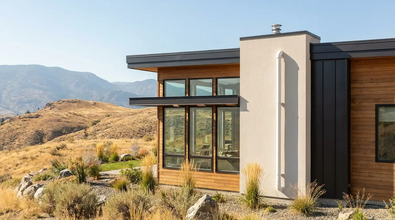 A Kelowna home with a radon mitigation system installed — a sealed white pipe carries radon gas from under the foundation up past the roofline