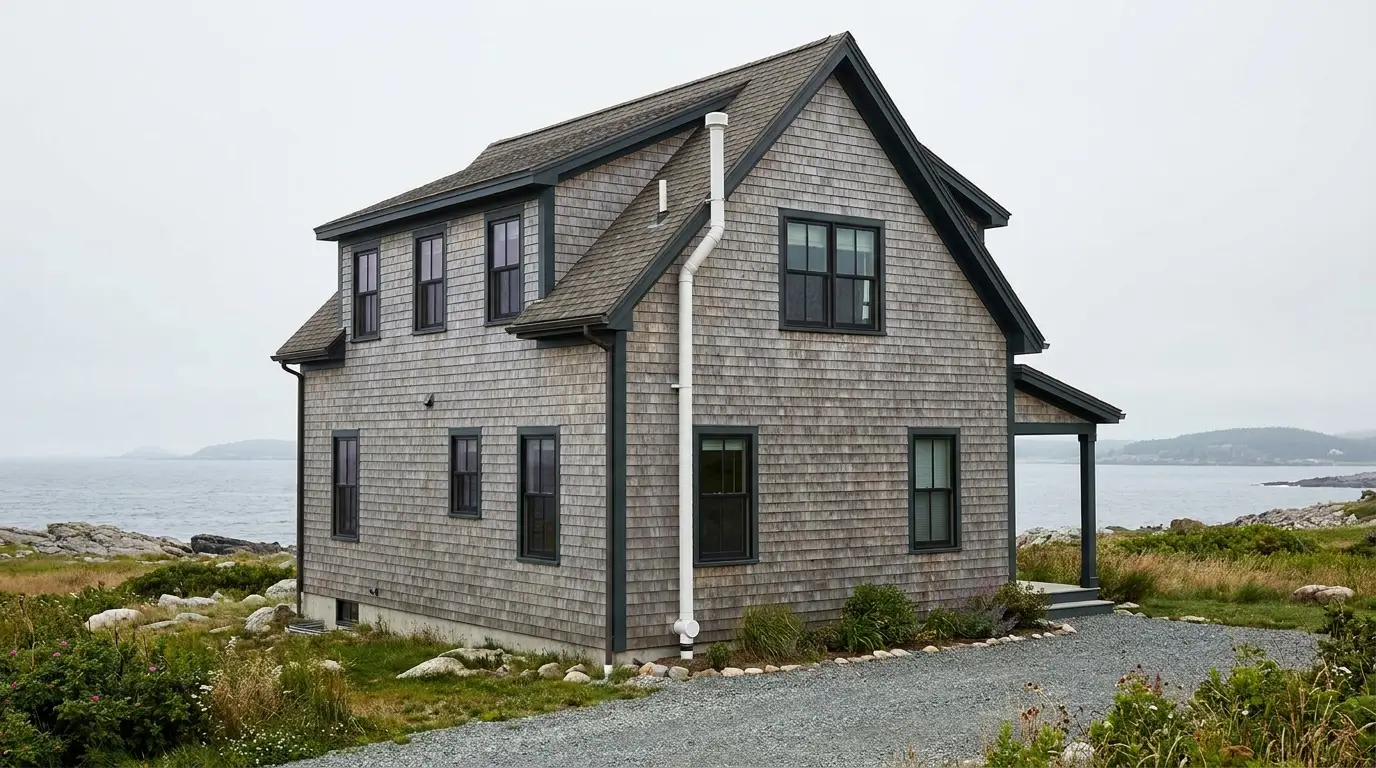 A Halifax home with a radon mitigation system installed — a sealed white pipe carries radon gas from under the foundation up past the roofline