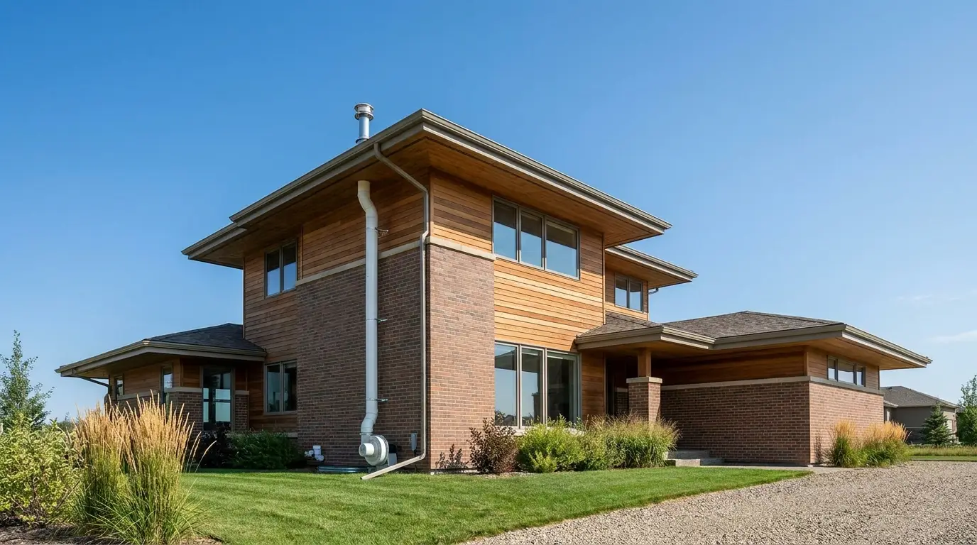 A Calgary home with a radon mitigation system installed — a sealed white pipe carries radon gas from under the foundation up past the roofline