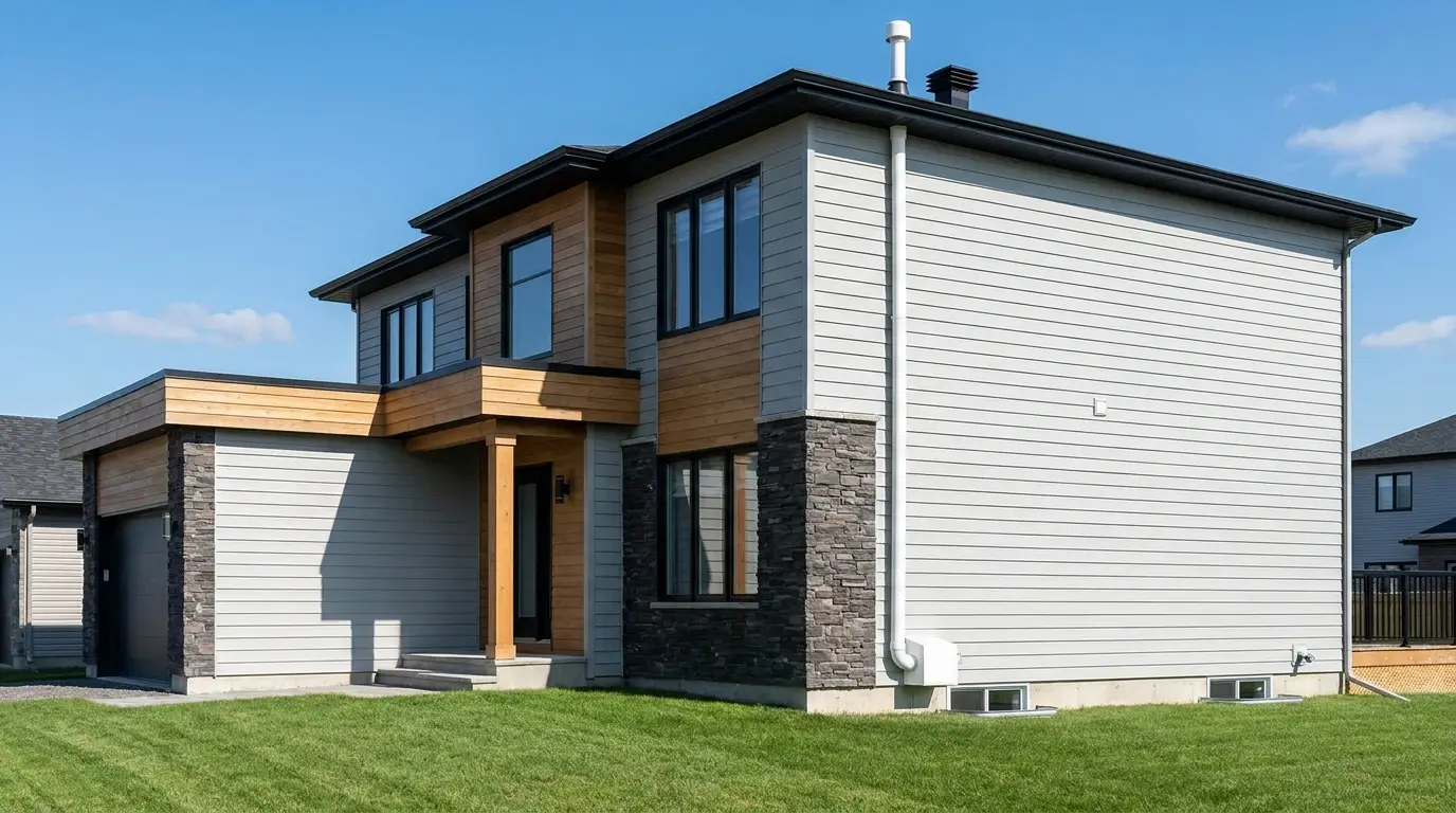 A Canadian home with a radon mitigation system — a sealed white pipe carries radon gas from under the foundation up past the roofline