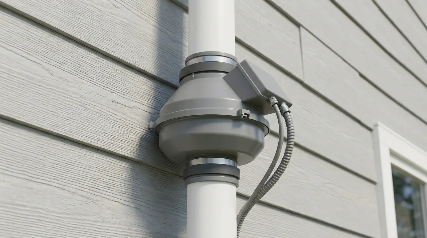 A quiet radon mitigation exhaust fan mounted on the pipe outside the home