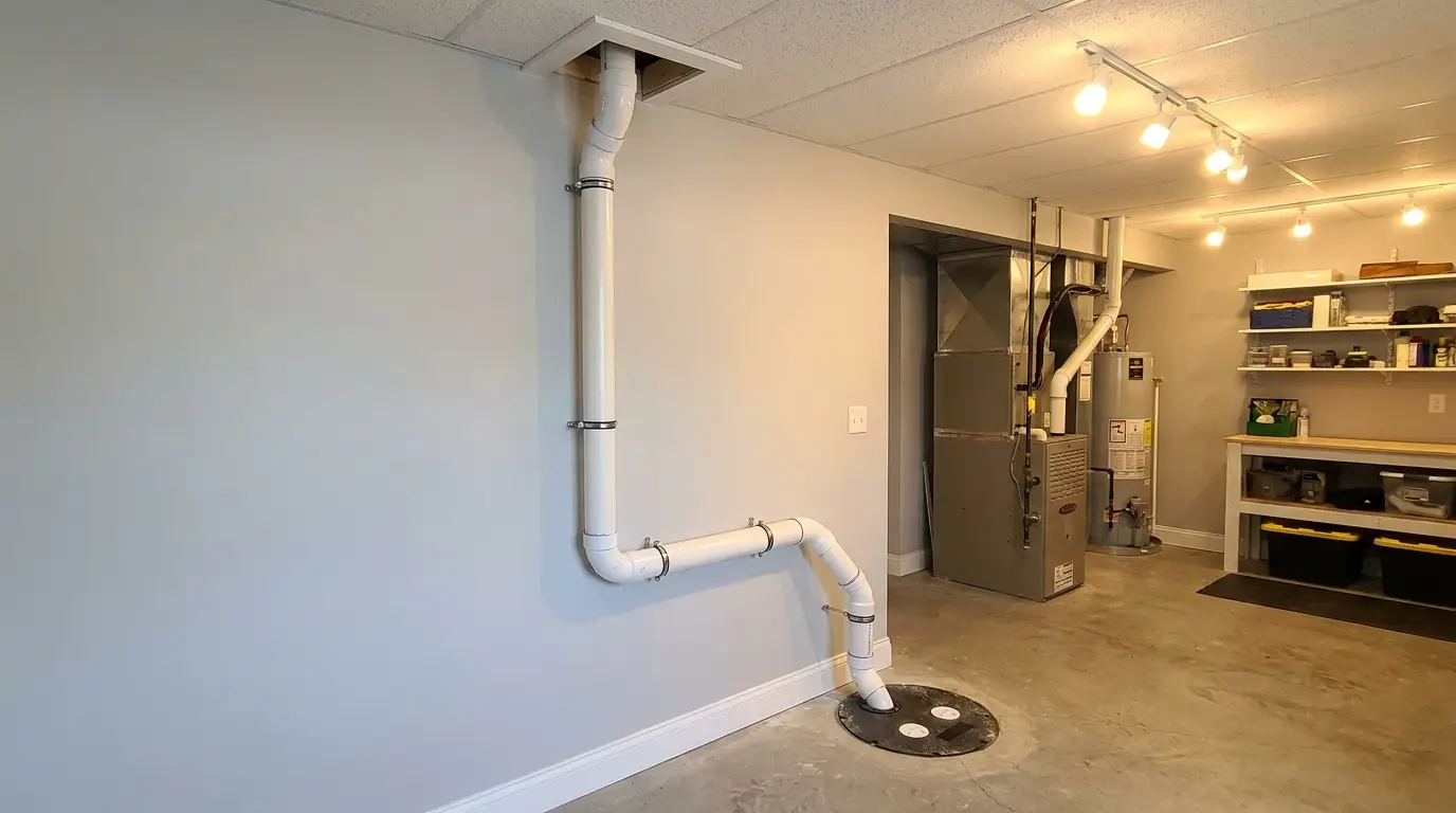 A radon mitigation pipe routed neatly through a basement and vented safely outside