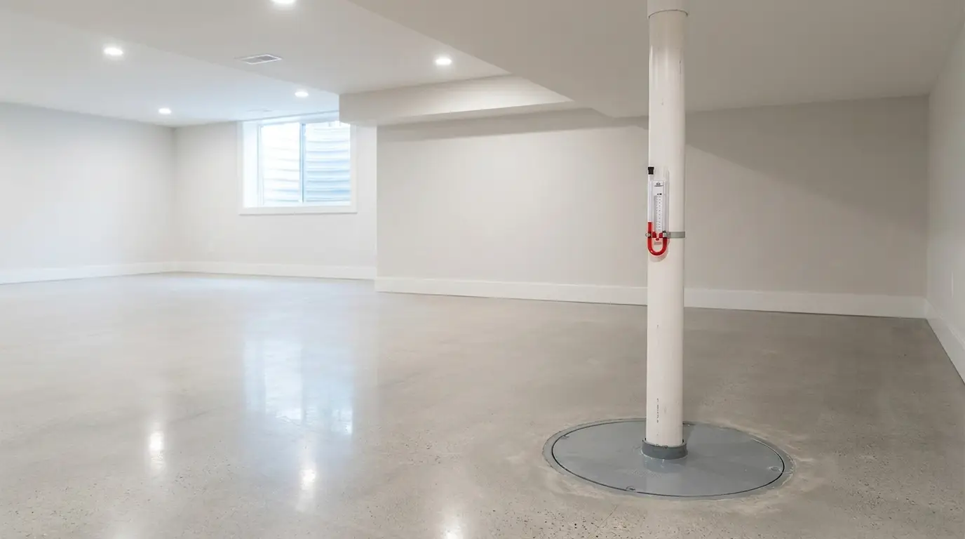 A white radon mitigation pipe rising from a sealed sump pump cover in a basement floor