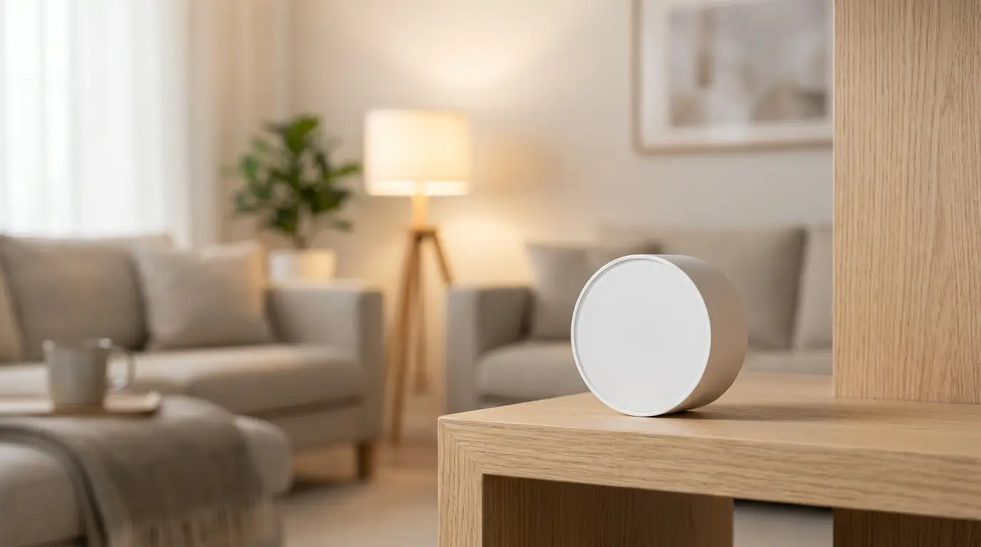 A home radon detector measuring indoor air quality in a Canadian living room